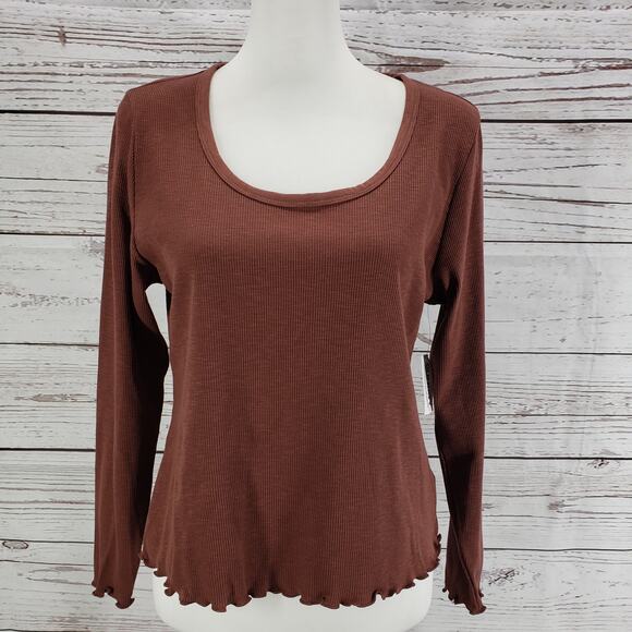 Old Navy Brown Ribbed Stretch Slim fit Long Sleeve Top Size Petite Large - Picture 1 of 12
